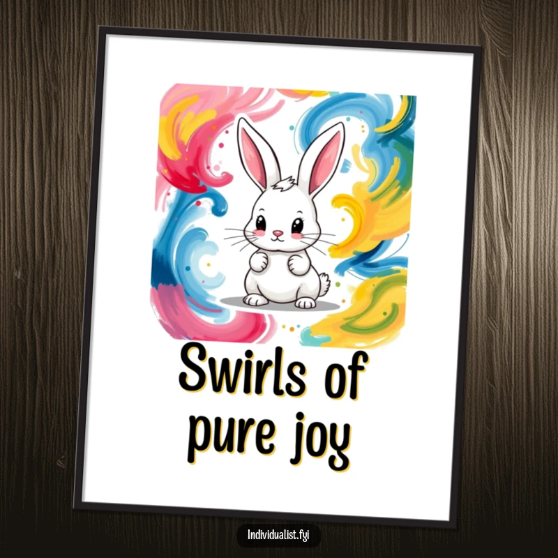 Funny digital art print of a determined bunny artistically painting abstract colorful swirls, embodying creative passion.