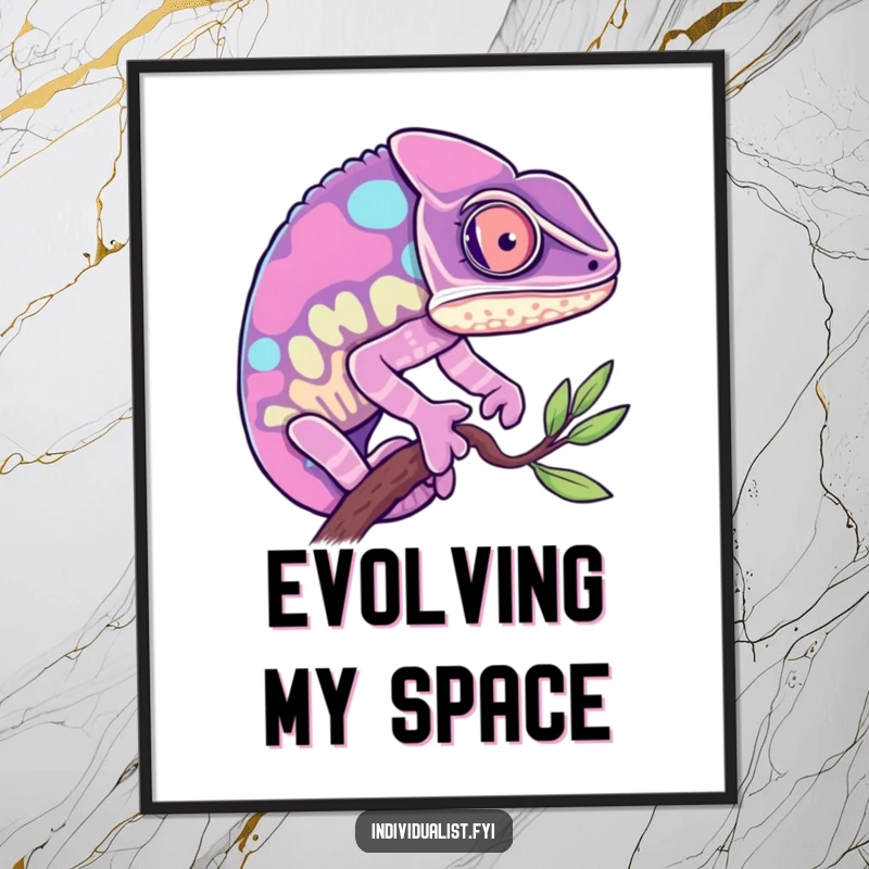Funny Chameleon Digital Art Print: Curious chameleon displaying a single vibrant hue, adding artistic humor.