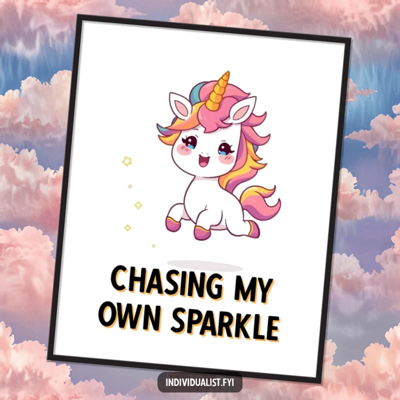Funny digital art print of a cheerful creature with a colorful mane skipping joyfully, trailing sparkles, a vibrant and uplifting instant download.