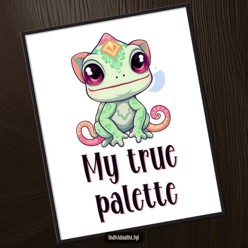 Funny chameleon digital art print, a curious creature changing into a wildly vibrant pattern.