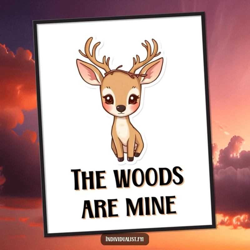 Funny digital art print of a curious deer with an asymmetrical crown of twigs, embodying woodland magic.