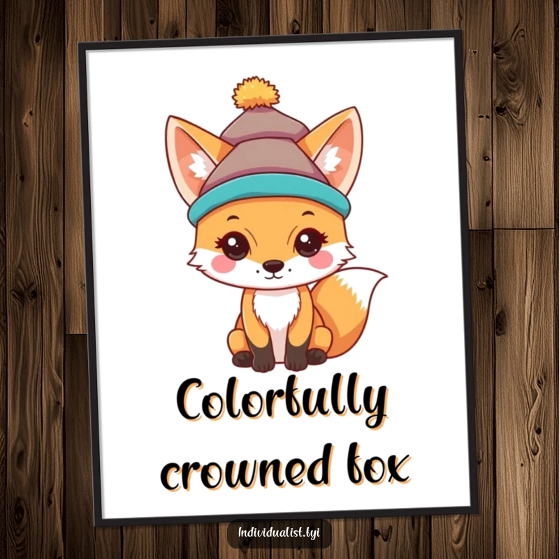 Funny digital art print of a curious fox wearing a unique, brightly colored hat, full of personality.