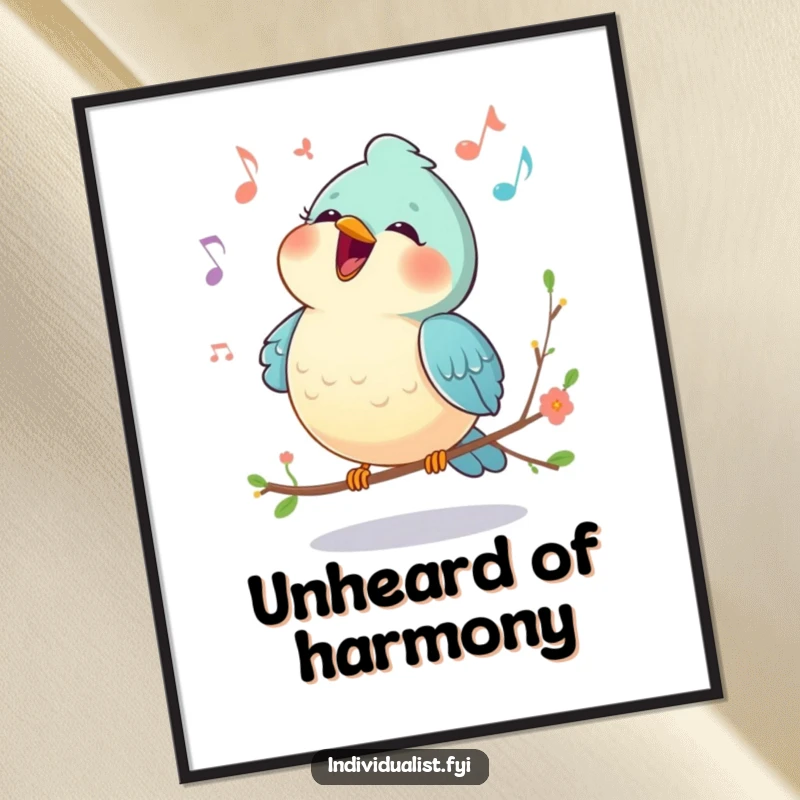 Funny digital art print of a happy bird singing a unique melody, with vibrant colors and musical notes, conveying joy.