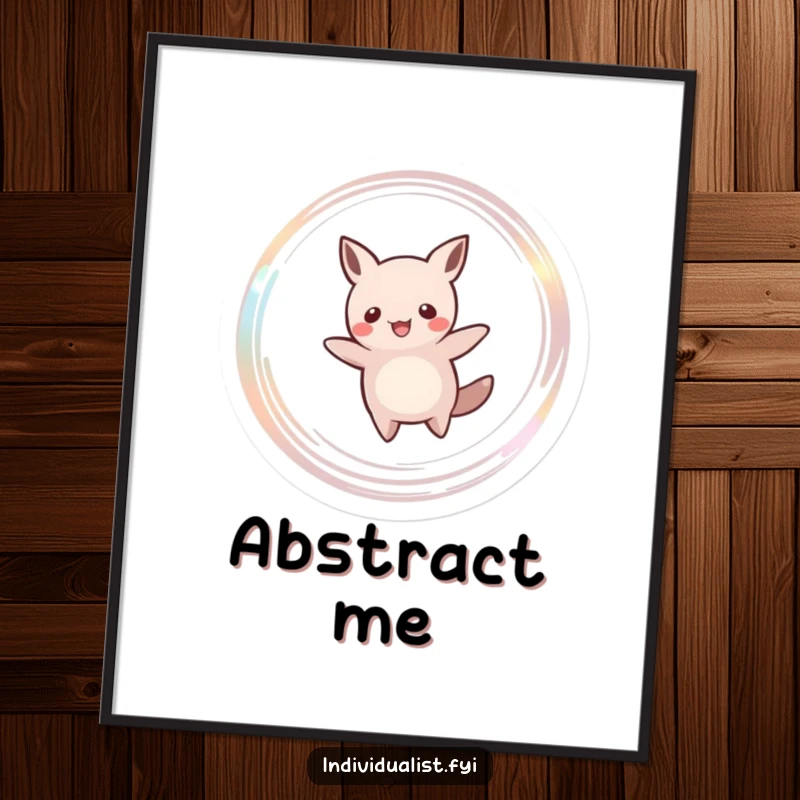 Funny digital art print of a happy creature with an abstract silhouette joyfully spinning, leaving a vibrant, shimmering trail of light. Pure digital delight.