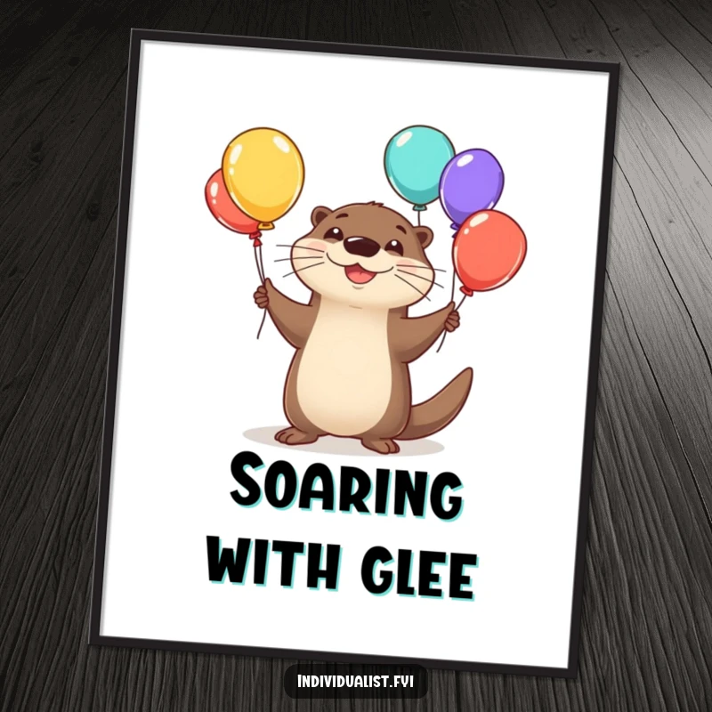 Funny otter digital art print, a happy otter juggling colorful, oddly shaped balloons.