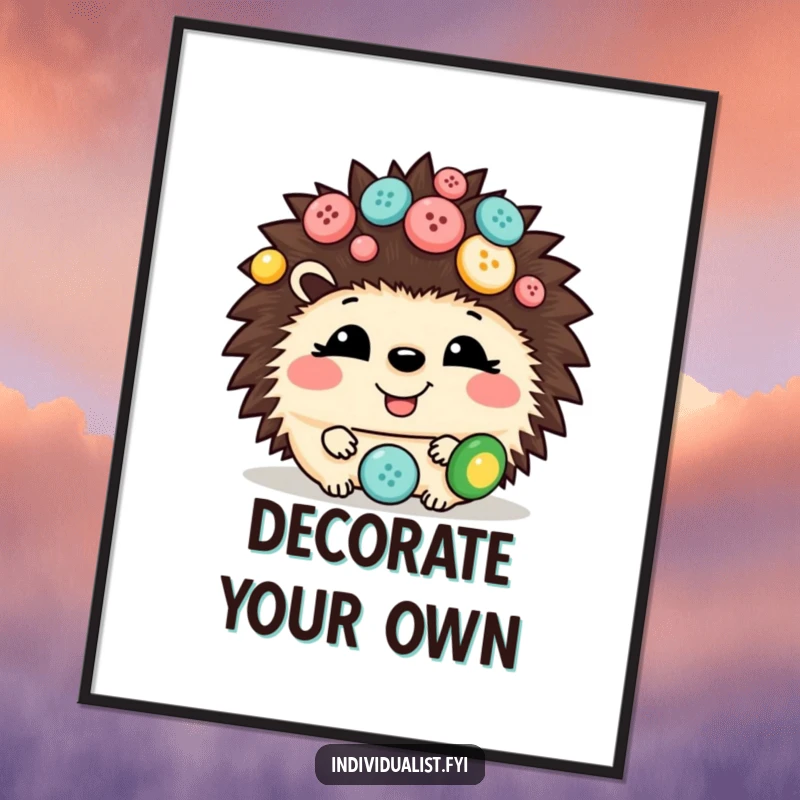 Funny hedgehog digital art print of a giggling hedgehog adorned with various mismatched buttons, offering downloadable cute humor for decor.