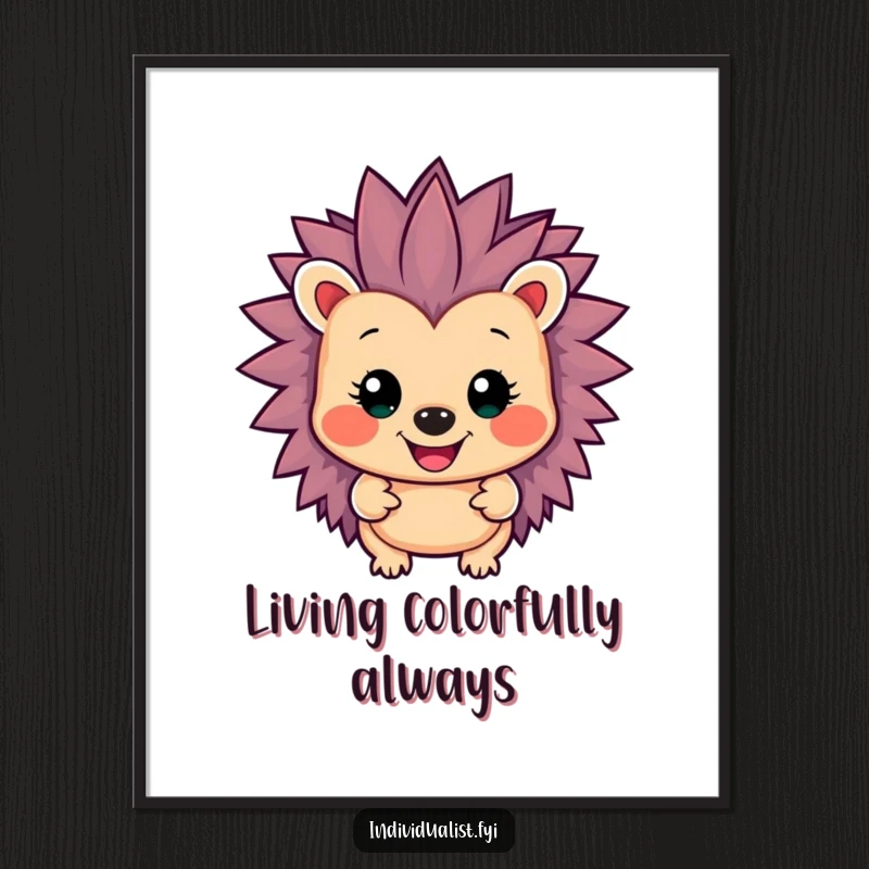 Funny smiling hedgehog character with unusually vibrant, spiky rainbow colors, presented as a high-quality digital art print.