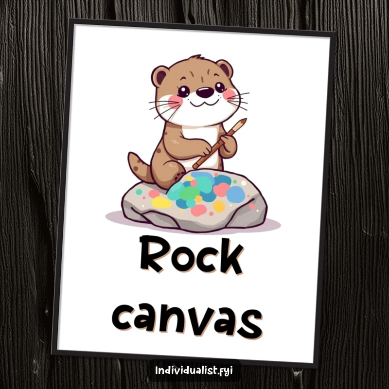 Funny kawaii otter digital art print, showcasing a playful otter painting a vibrant, abstract pattern on a rock.