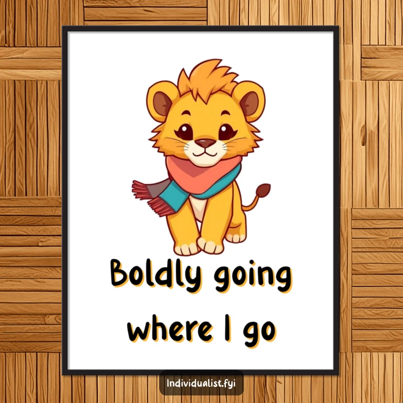 Funny Lion Cub Digital Art Print: Determined cub in scarf strides confidently, blending bravery and humor.