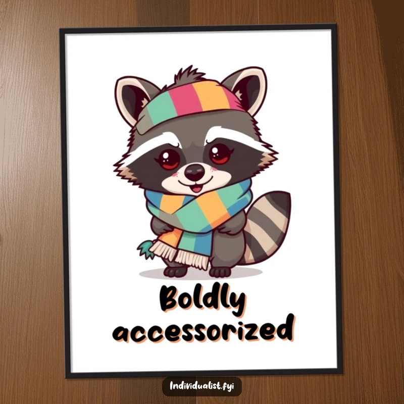 Funny raccoon digital art print, a mischievous raccoon sporting an outlandish, multi-colored scarf.