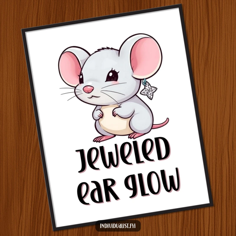 Funny Mouse Digital Art Print of a miniature, stylish rodent wearing a single, spectacular, sparkly earring, a humorous decoration.