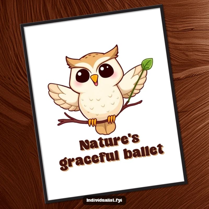 Funny owl leaf digital art print of a joyful owl soaring with a unique leaf, offering instant whimsical decor.