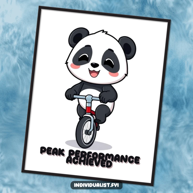 Funny panda unicycle digital art print of a happy panda riding a tiny unicycle with a proud grin, for instant decor.
