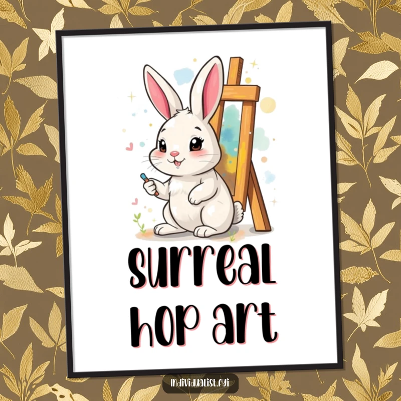Funny digital art print of a cheerful rabbit painting a vibrant, surreal, abstract artwork, perfect for artistic, humorous wall decor.