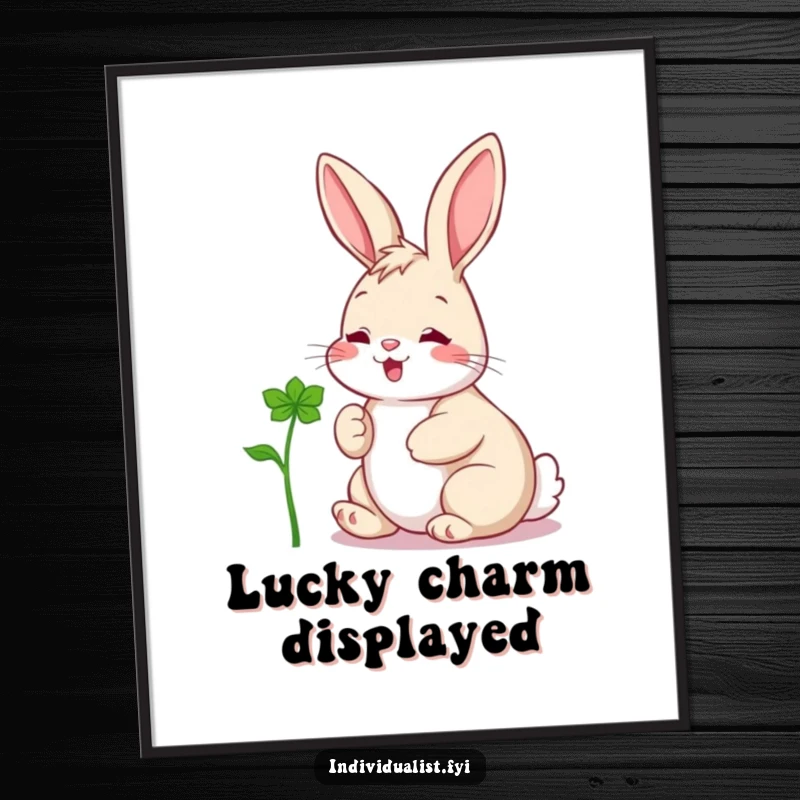 Funny digital art print of a cheerful rabbit captivated by a uniquely shaped clover, symbolizing joy and good fortune.