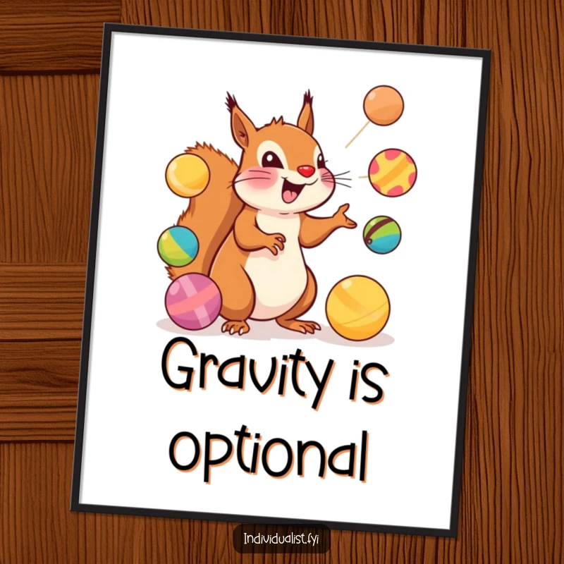 Funny Squirrel Digital Art Print: An excited squirrel juggles colorful, uniquely shaped balls, ready for display.