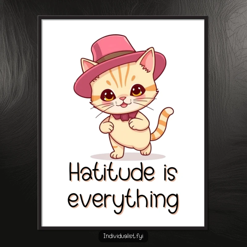 Funny digital art print of a confident, smirking cat wearing a flamboyant hat, ready to add stylish humor to any space.