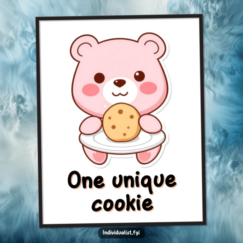 Funny Kawaii bear smiling and offering a uniquely shaped cookie on a plate, as a heartwarming digital art print.