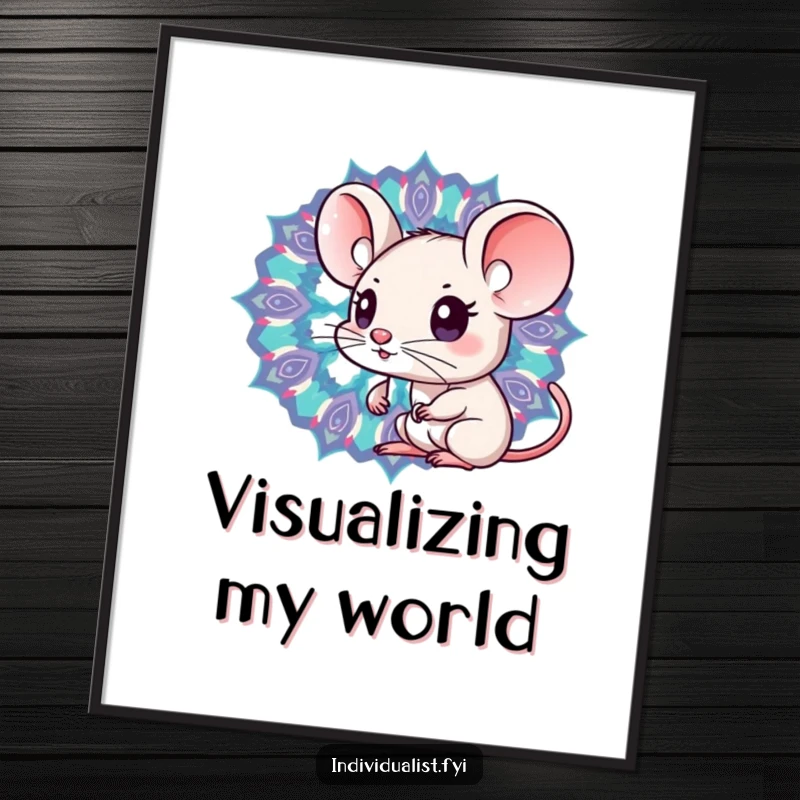 Funny Kawaii mouse observing a vibrant kaleidoscope with distinct patterns, a digital art print radiating curiosity.