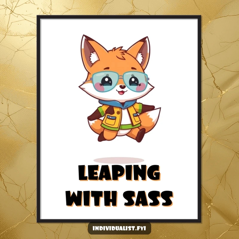 Funny digital art print of a playful fox in a bright outfit doing a lively jump, perfect for vibrant, humorous wall decor.