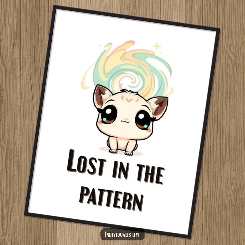 Funny digital art print of a curious creature with wide eyes gazing at a swirling abstract pattern, creating an atmosphere of wonder.