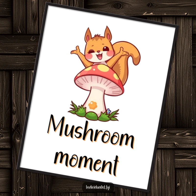 Funny kawaii squirrel digital art print, showcasing a joyful squirrel in a unique pose on a vibrant mushroom.