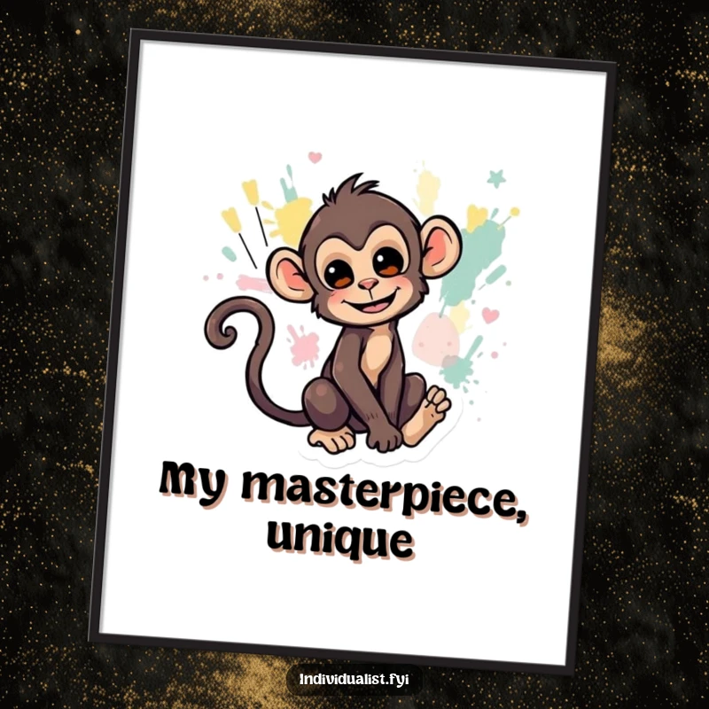Funny digital art print of a mischievous monkey creating abstract art with its tail, celebrating spontaneous creativity.
