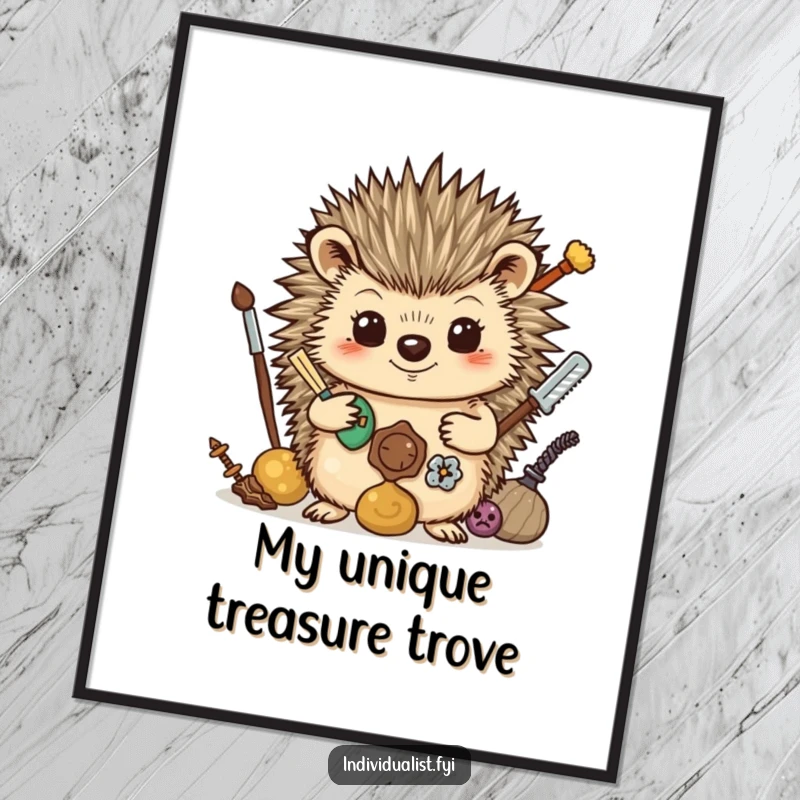 Funny Digital Art: A proud hedgehog displays its collection of found objects, symbolizing individuality and the joy of collecting.
