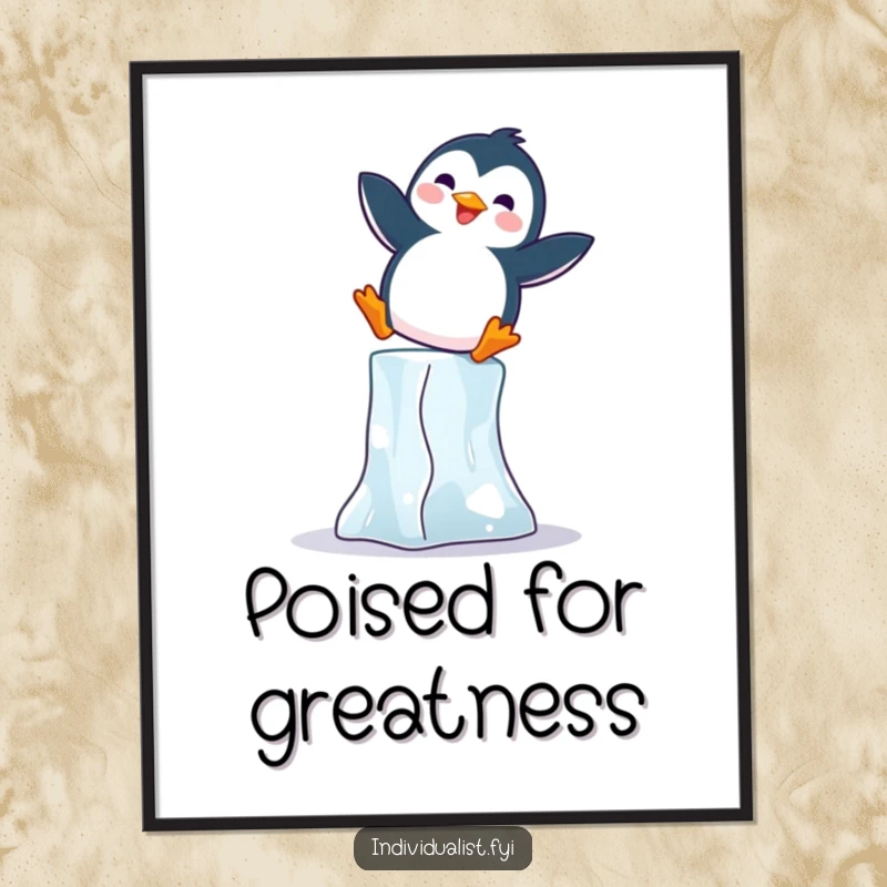 Funny Penguin Digital Art Print: Joyful penguin balancing on an ice block, radiating amusement and funny charm.