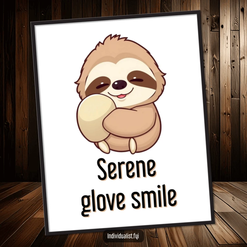 Funny Sloth Digital Art Print of a contented sloth with a peaceful smile and one oversized glove, a humorous and calming decoration.