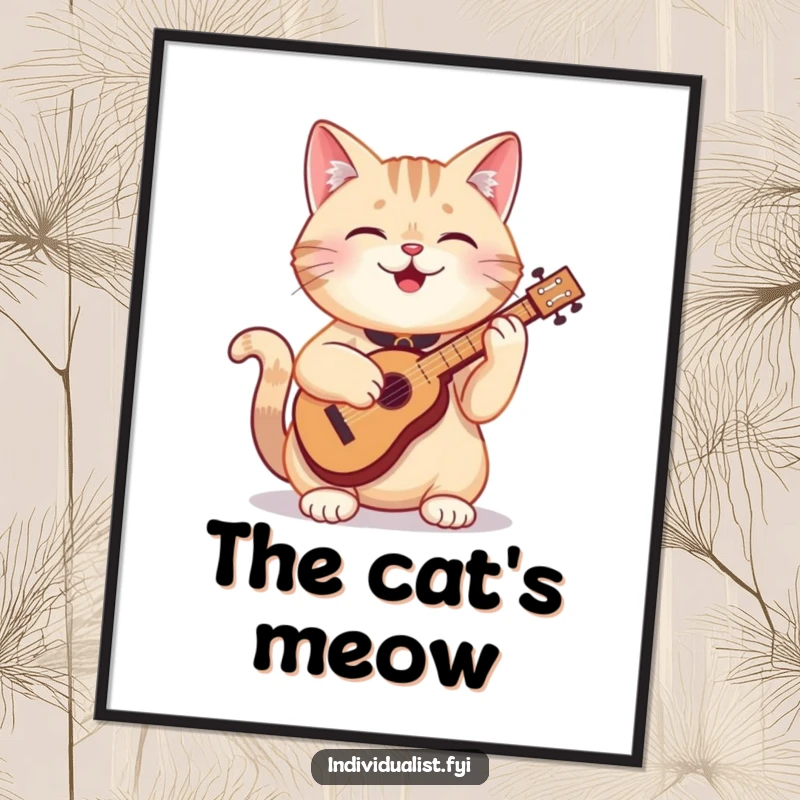Funny cat digital art print of a happy cat joyfully playing a tiny, unusual instrument, capturing a moment of musical delight instantly.