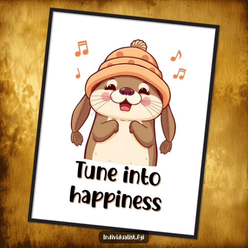 Funny Otter Digital Art Print: A cheerful otter wearing a unique hat hums a tune, ready for display.