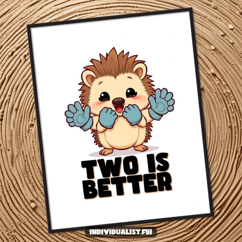 Funny hedgehog digital art print of a cheerful character proudly displaying mismatched gloves, perfect for framing.