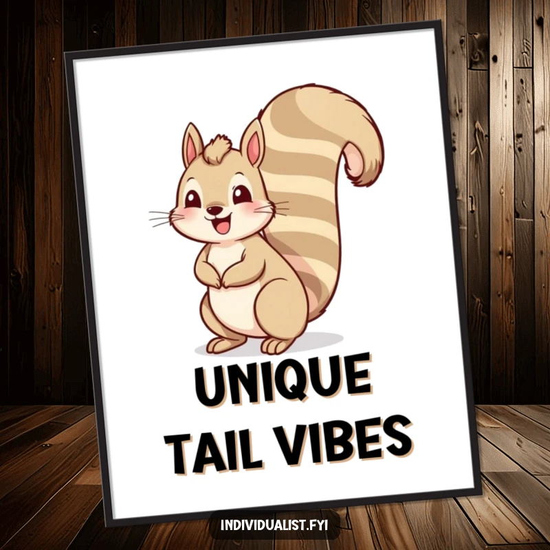 Funny squirrel digital art print of a cheerful squirrel with an unusually tall, striped tail, offering downloadable whimsical humor.