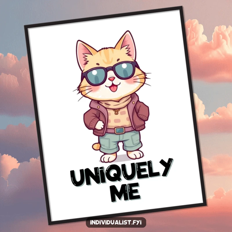 Funny Cat Digital Art Print: A happy cat confidently poses in a quirky, mismatched outfit, ready to be displayed.