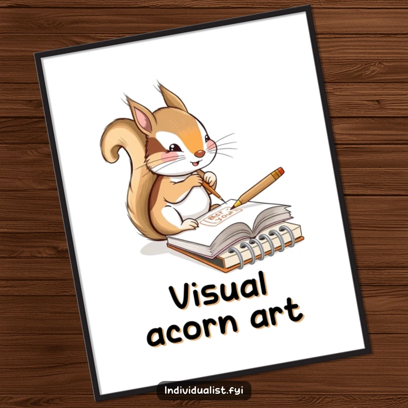 Funny digital art print of a content squirrel artist sketching a unique design in a tiny notebook, ready to be printed and framed.