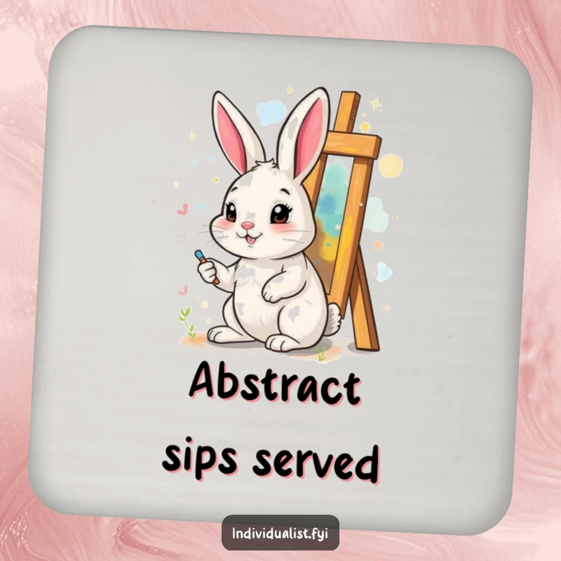 Funny drink coasters featuring a cheerful rabbit painting a surreal, abstract artwork, offering humorous surface protection.