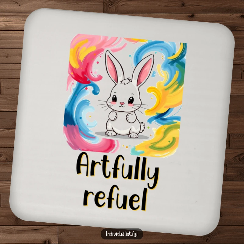 Funny drink coasters showcasing a determined bunny artistically painting abstract colorful swirls, a tiny masterpiece.