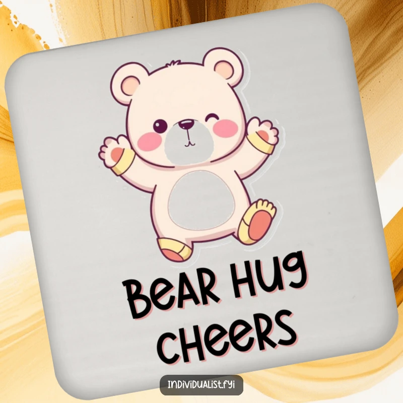 Funny drink coaster featuring a whimsical bear wearing mismatched socks, striking a unique pose, perfect for protecting surfaces.