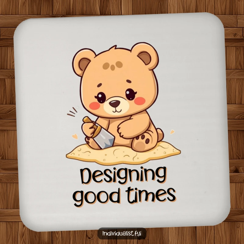 Funny determined bear character forging a unique pattern in the sand, featured on a set of protective and humorous drink coasters.