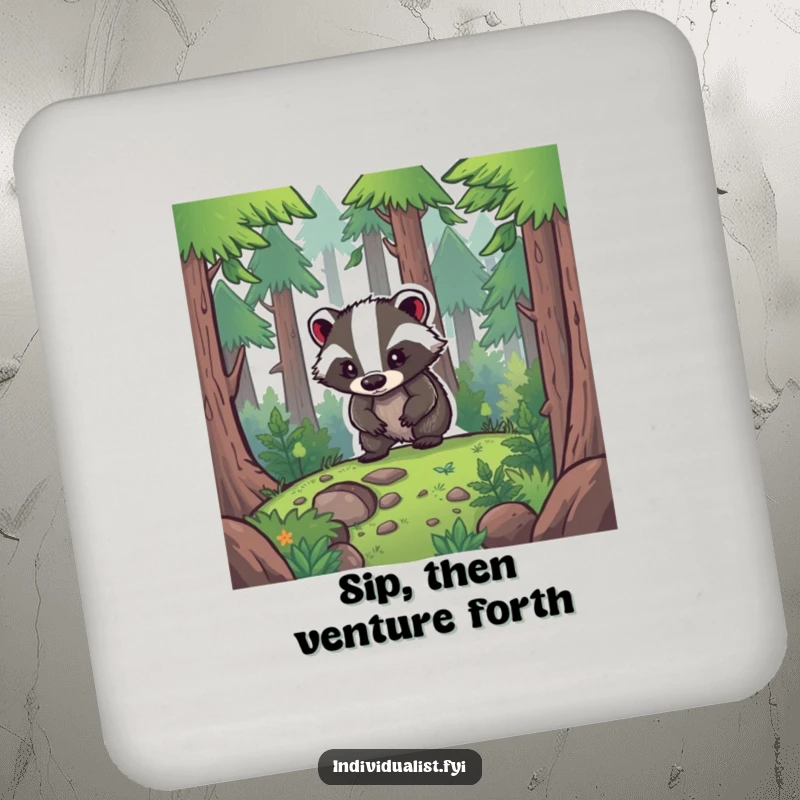 Funny Coasters: A determined badger carves its path through a forest, adding a rugged charm and protection to your surfaces.