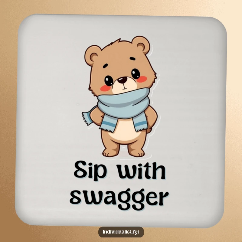 Funny drink coasters featuring a confident bear cub wearing a stylish scarf and posing, offering humorous surface protection.