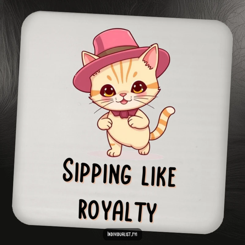 Funny drink coaster featuring a smirking cat in a flamboyant hat, protecting surfaces with feline confidence and humor.