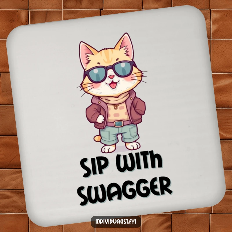 Funny Cat Coaster: A happy cat in a bizarrely mismatched outfit protects surfaces with a touch of humor.