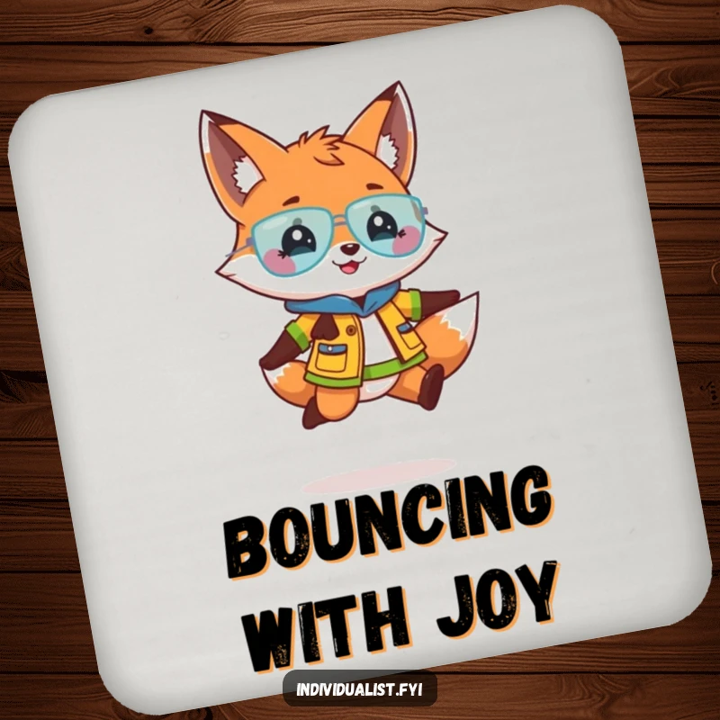 Funny drink coasters featuring a playful fox in a bright outfit doing a lively jump, offering humorous surface protection.