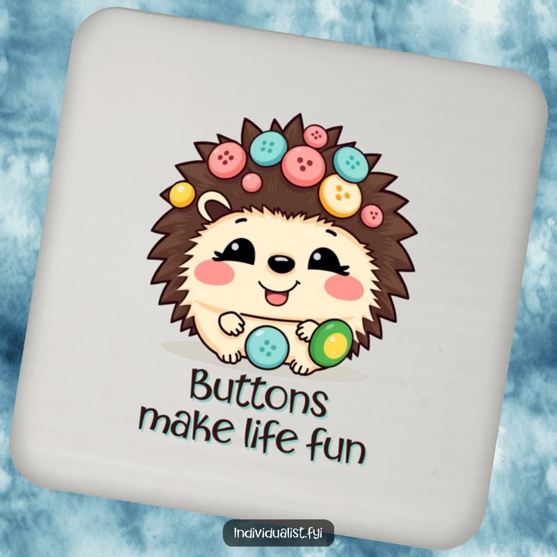 Funny hedgehog drink coasters featuring a giggling hedgehog adorned with assorted buttons, providing stylish and humorous table protection.