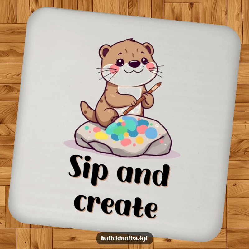 Funny kawaii otter drink coasters, depicting a playful otter painting a vibrant abstract pattern on a rock.