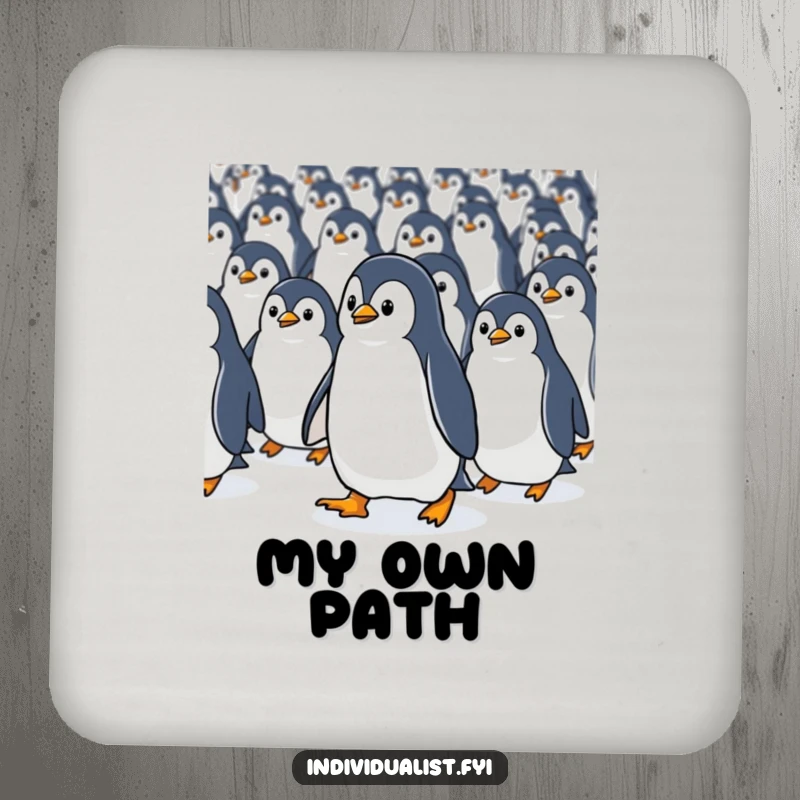 Funny Kawaii penguin walking against a stream of identical penguins on a drink coaster, offering unique protection.