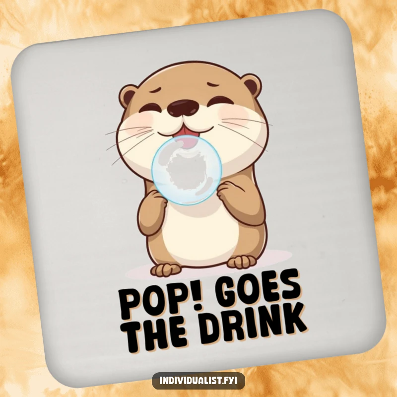 Funny Otter Coaster: A joyful otter balances a single, perfectly round bubble on its nose, adding bubbly flair to drink protection, a delightful funny gift.