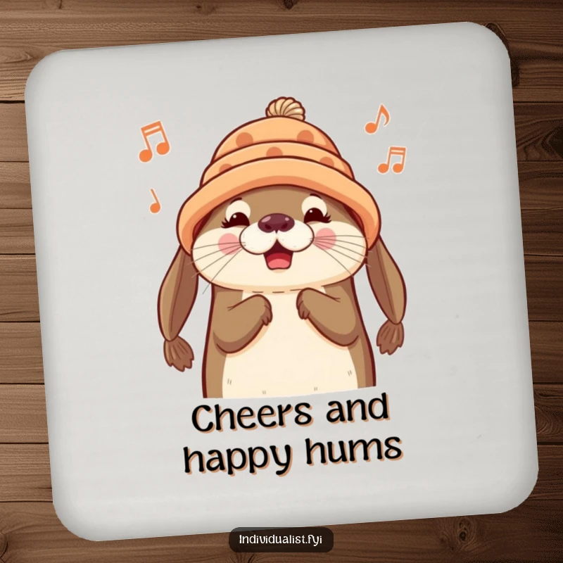 Funny Otter Coaster: A cheerful otter wearing a handmade hat hums a tune, protecting surfaces with charm.